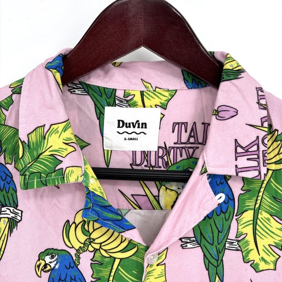 Duvin Talk Dirty To Me Shirt Mens Size XS Pink Parrot Loop Collar Hawaiian‎ RARE - Picture 3 of 7